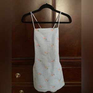 Blue Gingham Dress with Floral Embroidery